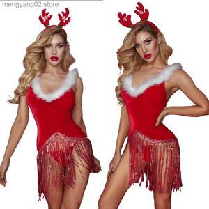 Themakostuum Sexy Pron Kerstjurk Rode Kerst Kwastje Mini-jurken met schattige elandenhoofdtooi String Lingerie Set Dame Nacht Verleiding Kleding T231011