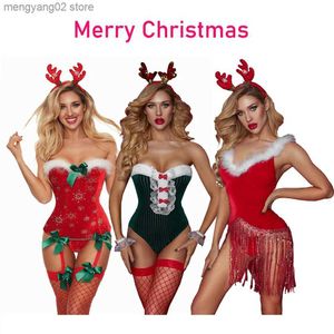 Traje de tema Mujeres sexy Cosplay Vestido de Navidad Ropa interior de Navidad roja con media Elk Tocado Corsé Babydolls Body Set T231011