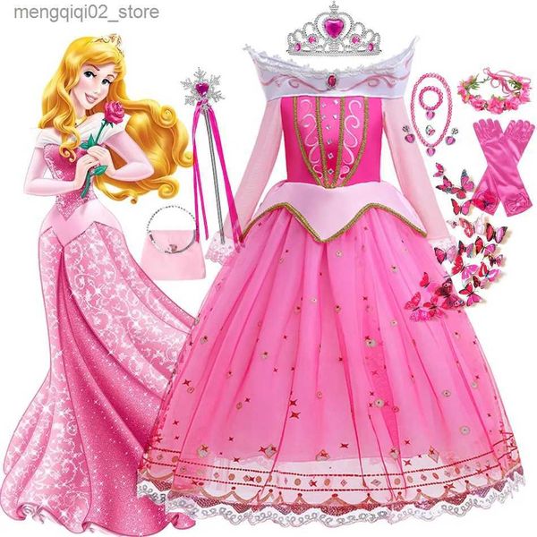 Traje temático Bella Durmiente Viene para niñas Vestido Aurora Mangas largas Fuera del hombro Niños Halloween Navidad Fiesta de lujo Princesa Ropa Q240307