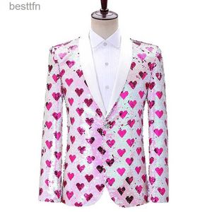 Traje de tema Elegante estampado de corazón Lentejuelas Esmoquin Blazer Hombres Un botón Shl Solapa Traje de fiesta para hombre Chaqueta Boda Novio Cantante de escenario ComeL231007