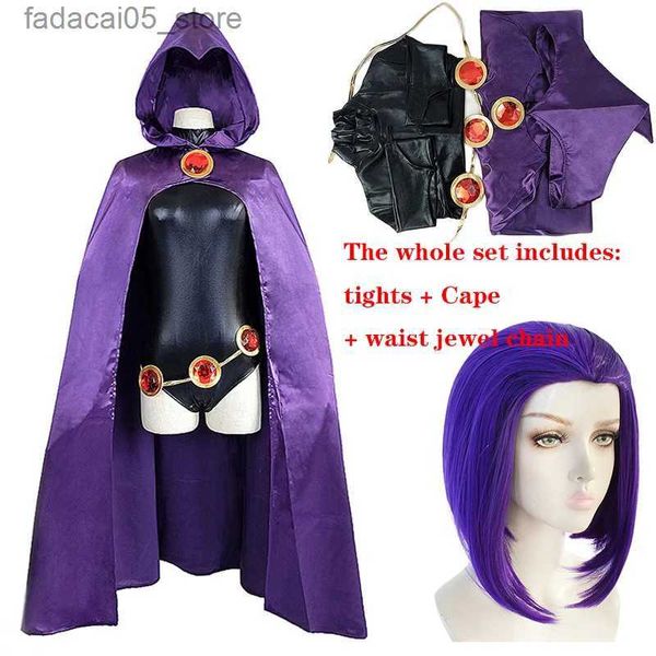 Traje temático Teen Titans Raven Cosplay Ven Superhéroe Capa Monos Zentai Halloween Ropa ajustada + Cabo + cadena de joyería de cintura Q240130