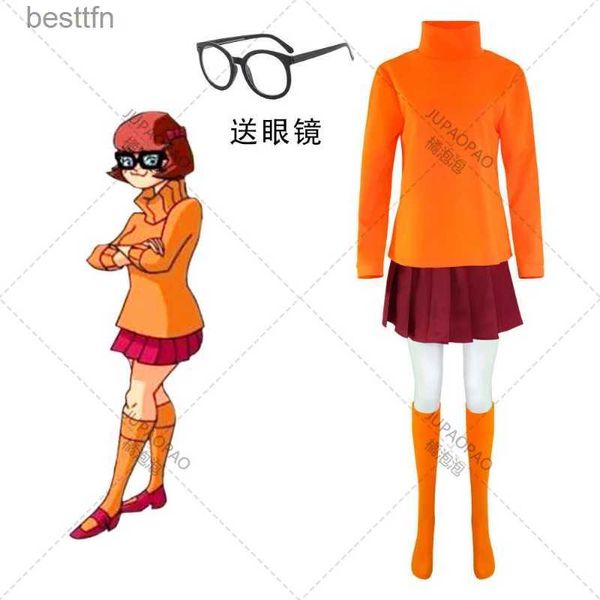 Costume à thème Velma Cosplay, uniforme Anime femme, jupe haut Orange, ensemble d'halloween pour filles Velma Scooby Dog Velma CosL231013