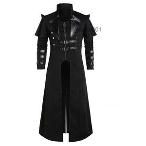 Themakostuum Vintage Halloween Middeleeuws Steampunk Assassin Genie Pirate Adult Black Long Split Jacket Gothic Armor Leather Jacket Z230804