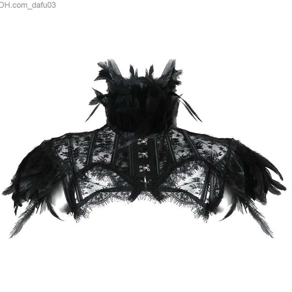 Thème Costume Vintage Punk Gothique Plume Cou Épaule Femmes Dentelle Polero Veste Shrugged Oiseau Sorcière Jeu de Rôle Emballage Halloween Party Reveal Comes Z230805