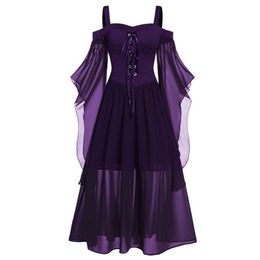 Thème Costume Vintage Femmes Halloween Robe Sorcière Gothique Dentelle Bandage Maille Plus La Taille Épaule Halloween Femmes Jeu De Rôle Robe Z230804