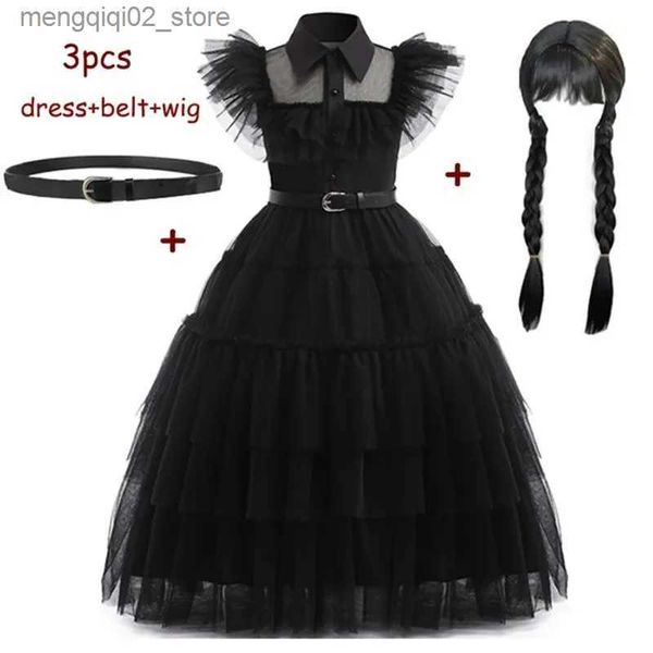 Disfraz temático Miércoles Addams Come Girls For Kids Addam 2023 Vestidos Vestidos de fiesta de malla Carnival Come Wowan Halloween Come Q240307