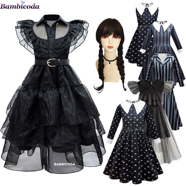 Costume à thème Mercredi Addams Cosplay pour fille Costume Robes pour enfants Filles Mesh Robes de soirée Costumes de carnaval 3-10 ans 230920