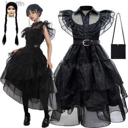 Themakostuum Woensdag Meisjes Jurken Movie Addams Cosplay Come Gothic Wind 2023 Fantasia Wandinha Vestidos Party Gown Pruiken Tassen DressL231007