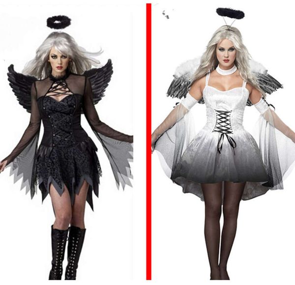 Costume à thème blanc noir diable ange déchu pour femmes, vêtements de fête d'halloween Sexy, Costumes pour adultes, robe fantaisie, coiffe de tête, aile