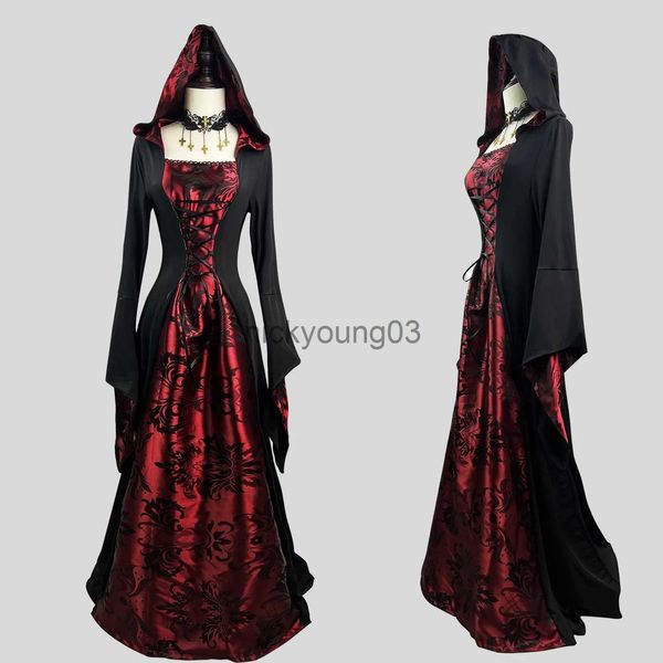 Disfraz de tema Mujer Medieval Retro Gótico Sudadera con capucha Bruja Falda larga Negro Rojo Túnica larga Halloween Carnaval Fiesta Cosplay Disfraz Vestido de fiesta x1010