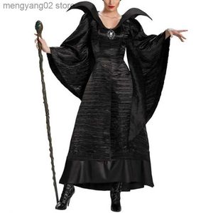 Traje de tema Mujeres Tallas grandes Película de Halloween Deluxe Vestido largo negro Reina malvada Vestido de bruja Fiesta de cosplay Viene con sombrero de cuerno Tocado T231011