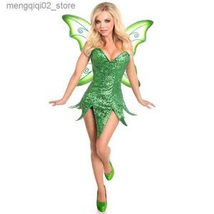 Disfraz temático Mujer 2 piezas Hada de neón Tinkerbell Come Fairy Mini vestido brillante con alas de mariposa Halloween Cosplay viene Q231010