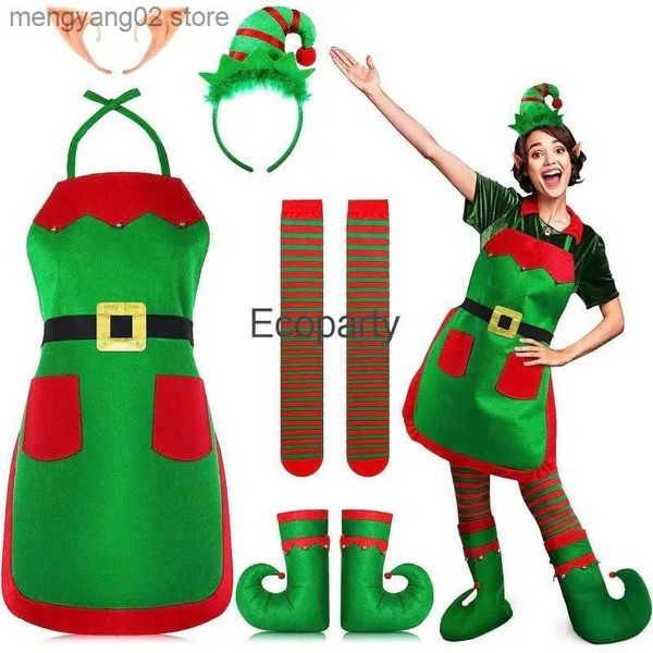 Costume à thème Noël pour femmes Venez Noël Elf Cosplay Tablier Chapeau du Père Noël Collants rayés Chaussures Couverture Costume Cadeaux de fête de Noël pour les femmes T231013