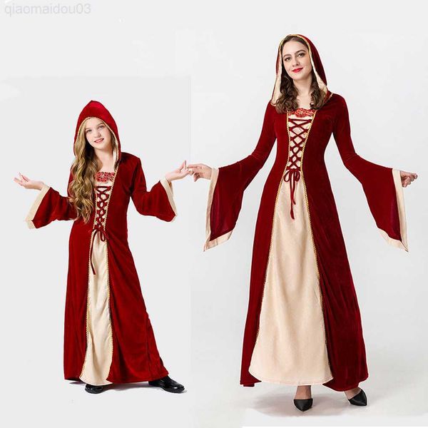 Traje temático de las mujeres Medieval Come Vintage Renaissance Princess Vestidos con capucha Lace Up Halloween Queen Parent Child Vestido largo L230804