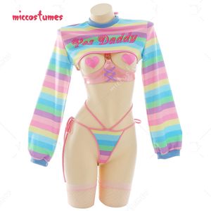 Costume à thème Femmes Lingerie Sexy Ensemble Rainbow Stripe Hauts courts à manches longues et culotte avec bas Lingerie Vêtements de nuit Costumes sexy 230822