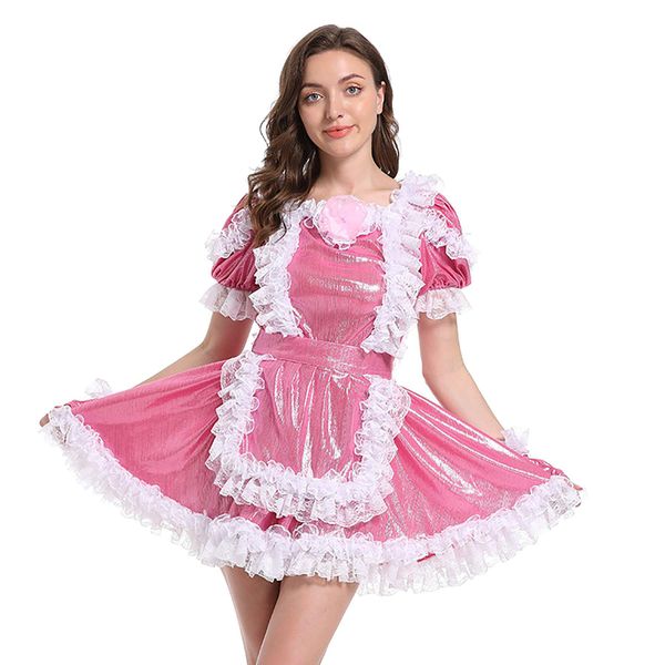 Traje de tema Mujeres Sissy Maid Metallic Satin Flower Puffy Vestido Crossdress Drop Entrega Ropa Disfraces Cosplay Otj2a