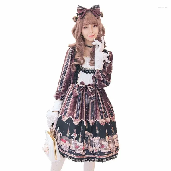 Disfraz de tema para mujer Steampunk clásico manga larga Bowknots dulce lolita vestido niñas impreso JSK Vintage encaje Halloween Fancy OP