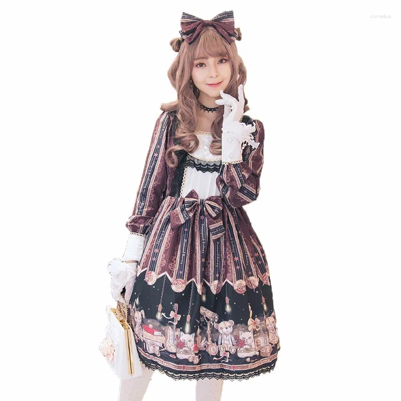 Theme Costume Womens Steampunk Classic Long Sleeve Bowknots Sweet Lolita Dress Girls Printed JSK Vintage Lace Halloween Fancy OP