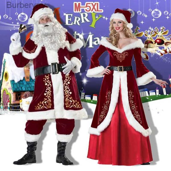 Thème Costume XL M-5XL Couple Noël Père Noël Cosplay Venez Cosplay Rouge Velours Côtelé Dame Élégante Fête De Noël Robe Longue SetL231010