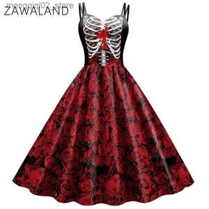 Themakostuum Zawaland Halloween Fancy Skeleton Rose Print Damesjurk Meisje Carnaval Feestjurken Vrouwelijke Goth Horror Kom Rockabilly Jurk Q231010