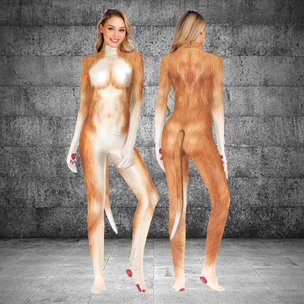 Thème Costume Zawaland Femmes Texture 3D Imprimé Couverture Complète Cosplay Venez Body avec Queue Entrejambe Fermeture Éclair Combinaisons Catsuit Zentai Costumes T231013