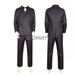 Thème mercredi adddams Famille Gomez Cosplay Costume Wig Men Classic Stripe Suit Tie Uniforme Coat Shirt Pants Halloween Vêtements 30 230920