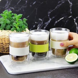 Tasse en verre de protection d'isolation thermique, avec étui en cuir coloré, tasse à café et lait anti-brûlure, prise facile pour la maison