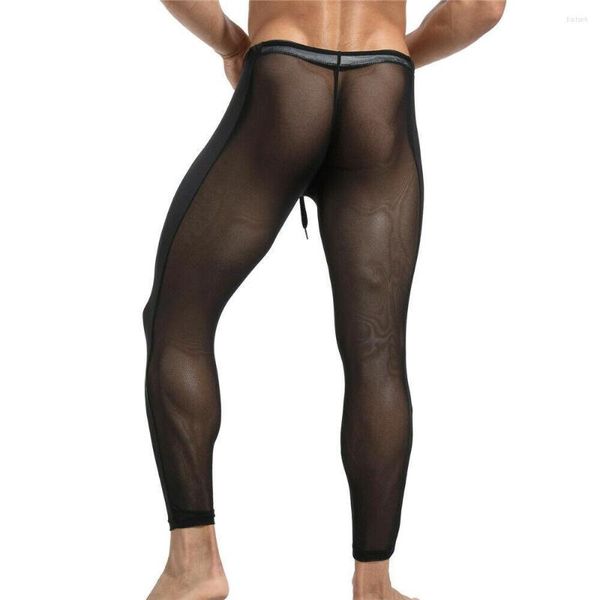 Ropa interior térmica hombres malla pantalones largos sexy transparente hombre transpirable para hombres lencería leggings dormir ropa de hogar ver a través de pijama2024