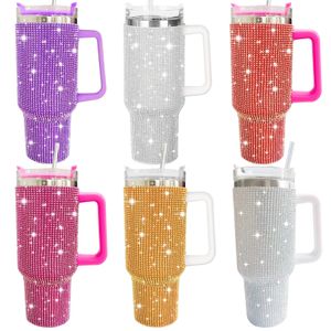 Thermoses 40 oz diamant Tumble tasse à café isolé sous vide avec poignée en acier inoxydable voiture tasse de voyage bouteille grande capacité cadeau 231207