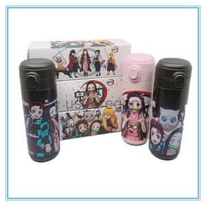 Thermoses Demon Slayer Bouteille d'eau mignonne Thermos Cup Portable Kid Tasse thermique en acier inoxydable Bouteille Kawaii avec paille et autocollants x0904