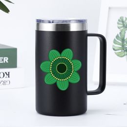 Thermoses Couvercle magnétique 24OZ Tasse à café à imprimé fleur verte avec poignée Tasse de flacon à vide en acier inoxydable à double paroi personnalisée 221203