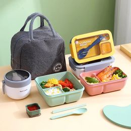 Thermoses Sacs de boîte à lunch portables pour enfants Bureau scolaire Bento avec vaisselle Sac thermique Kit complet Chauffage au micro-ondes 231117