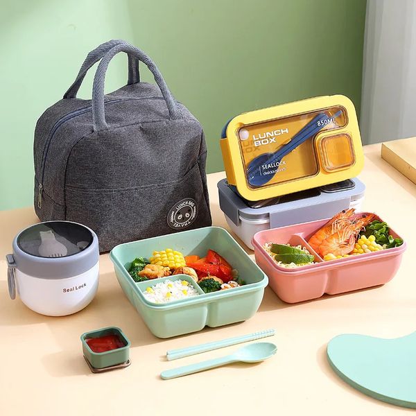 Thermoses Sacs de boîte à lunch portables pour enfants Bureau scolaire Bento avec vaisselle Sac thermique Kit complet Chauffage au micro-ondes 231117