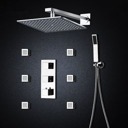 Thermostatische badkamer douchekranen 10 "Mengklep Wandmontage douchekop 6 Massage Jets Spa Body Spray Shower Set