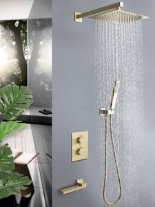 Robinet de douche thermostatique de salle de bains dans le mur Ensemble de robinets de bain et de douche en or brossé Mélangeur thermostatique Bain et douche à effet pluie