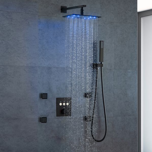 Ensemble de robinets de douche thermostatiques pour salle de bains, système de douche à pluie dissimulé noir, pomme de douche LED à montage mural 12x8 pouces