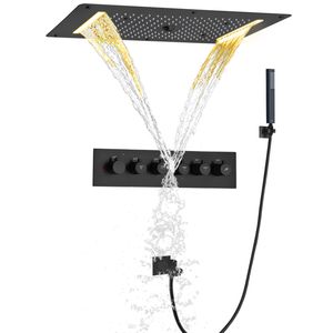 Ensemble de robinets thermostatiques pour baignoire et douche, 700x380 MM, cascade de pulvérisation, bulle de pluie, LED noir mat avec main