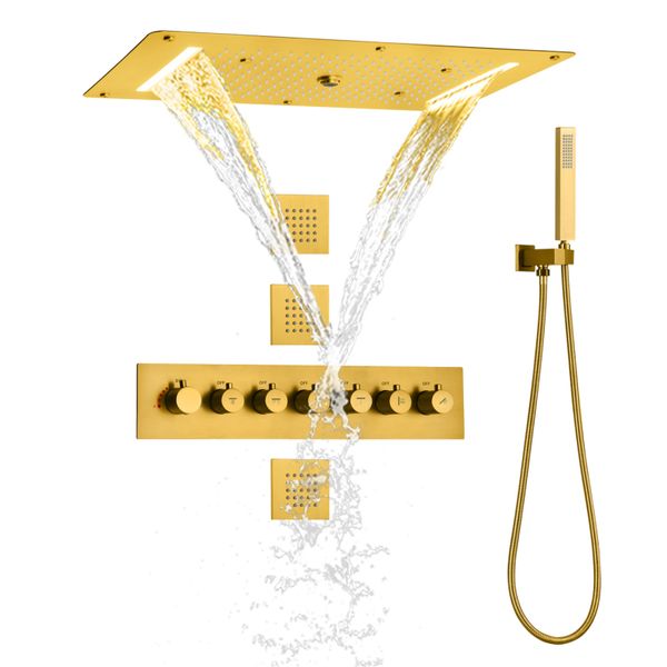 Sistema de ducha de oro de cepillado termostático 700x380 mm LED Baño Premirial Combinación Combinación de lujo Conjunto