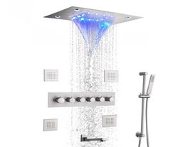 Sistema de grifo de ducha de lluvia cepillado termostático juego de mezclador de baño montado en el techo cabezal de ducha de lluvia de cascada LED de 14 x 20 pulgadas 5595698