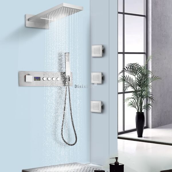 Juego de sistema de ducha de níquel cepillado con pantalla Digital termostática, cabezal de ducha de 22x10 pulgadas, lluvia en cascada para baño