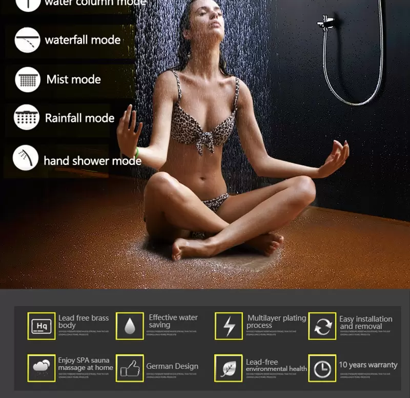 new Indoor Lighting Thermostatic Shower Set SUS304 Mirror Panel With LED Shower Head 380x700 Rainfall Mist Spray Waterfall Water Column 72kg