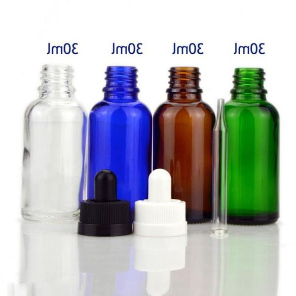 Botellas gruesas de vidrio de aceite esencial de 30 ml con cuentagotas y tapas a prueba de niños en blanco y negro 440 piezas / lote a través del envío gratuito de DHL Rdjov