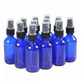 Botellas gruesas de vidrio ámbar azul cobalto de 50 ml para aceites esenciales, con pulverizadores de niebla fina negra Hjrnx