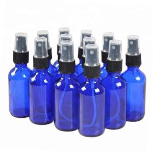 Dikke 50ml Cobalt Blue Amber Glass Spray Flessen voor essentiële oliën - met zwarte fijne mistsproeiers