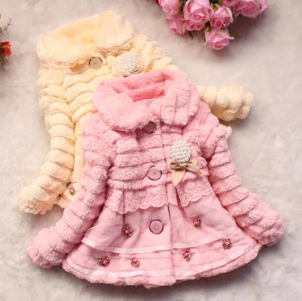 Épais bébé fille parkas manteau arc dentelle fausse fourrure chaud pardessus pour 1-8 ans filles enfants enfants épais vêtements d'extérieur d'hiver chaud