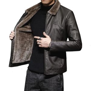 Veste en cuir marron épais hommes hiver automne veste pour hommes mode col en fausse fourrure coupe-vent manteau chaud hommes marque vêtements 240126