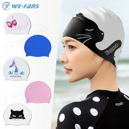 Carton de dessin animé Cat de baignade élastique élastique Silicone étanche à cheveux longs Capis de natation personnalisés pour femmes 240509