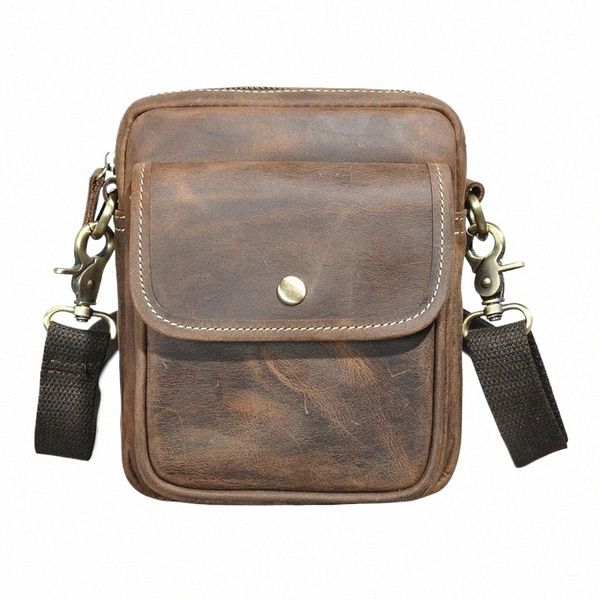 Grueso Crazy Horse Leather Travel Vintage Fanny Cinturón Bolsa Pecho Paquete Sling Bag Diseño Phe Caja de cigarrillos para hombres Hombre 1531 w13q #