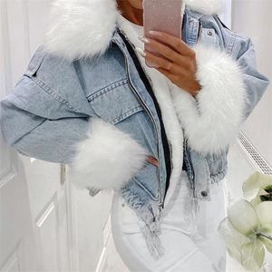 Dikke Fleece Winter Denim Jas Vrouwen Warmheid Nepbont Jean Jassen Koreaanse Stijl Casual Lange Mouw Korte Jassen Uitloper 201029