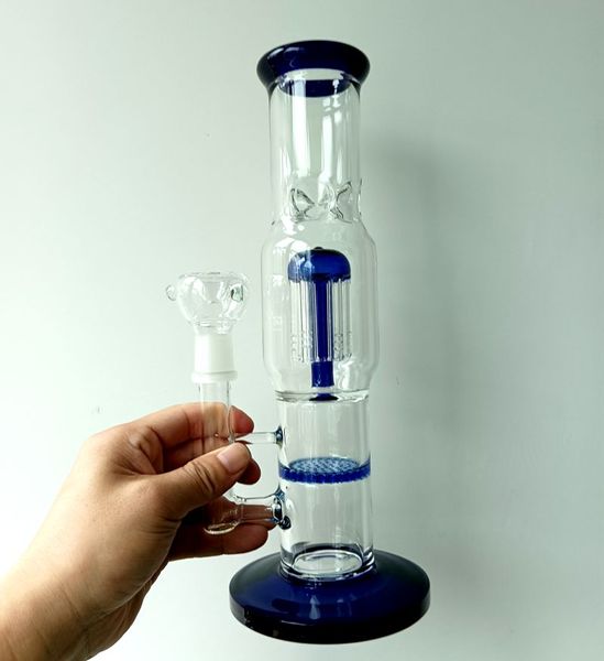Glass Glass Blue Water Bong Hookahs Oil Dab Ligas de fumar tubos con el brazo de árbol de filtro de panal Perc Perc